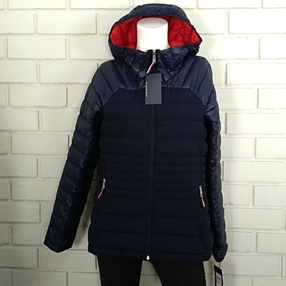 Tommy Hilfiger Hooded Packable Navy Puffer Coat. Size Medium  NWT - Picture 1 of 16